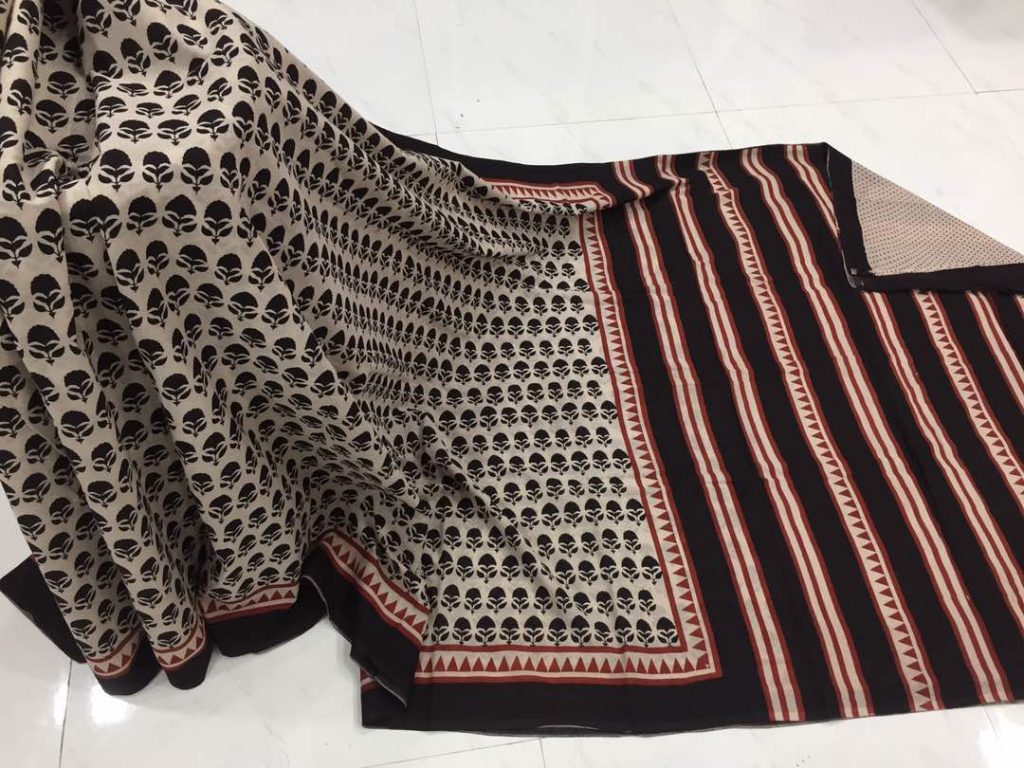 Traditional black daily wear booty bagru print cotton sarees with blouse
