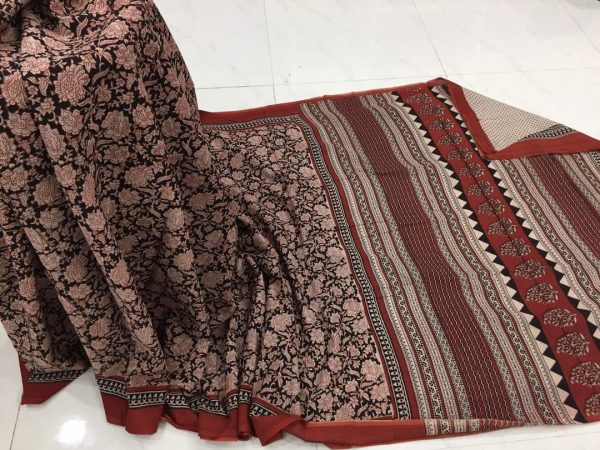 Traditional maroon black daily wear floral bagru print cotton sarees with blouse