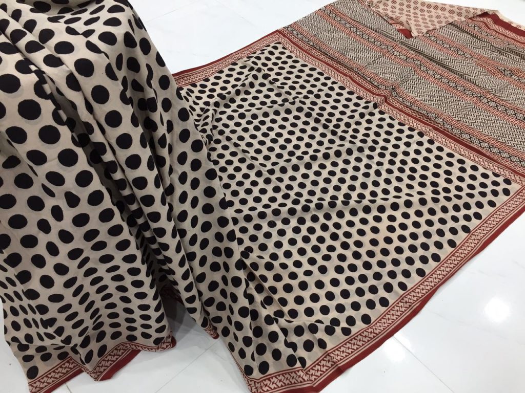 Exclusive champagne casual wear dots bagru print cotton sarees with blouse