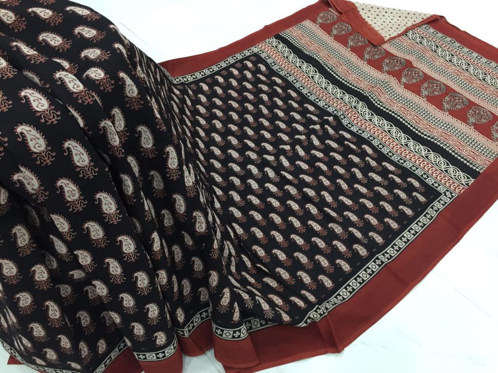 Exclusive black regular wear kerry bagru print cotton sarees with blouse
