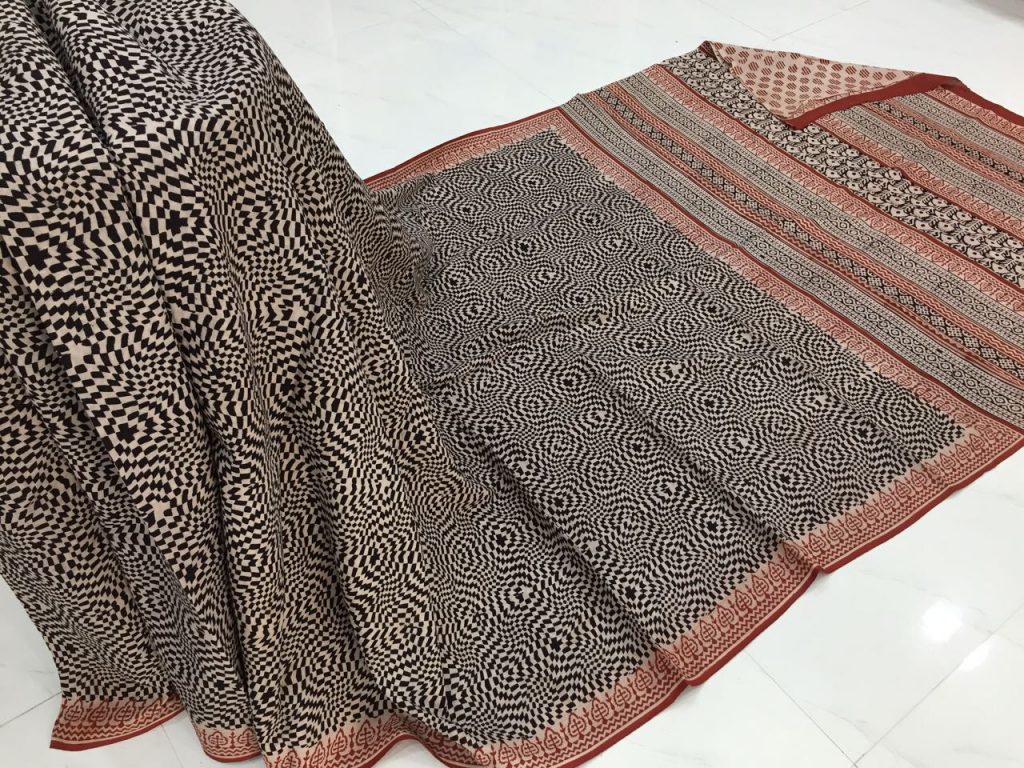Superior quality champagne black casual wear zigzag bagru print cotton sarees with blouse