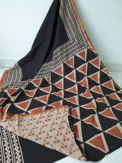 Black bagru triangle print casual wear zari border saree with blouse piece
