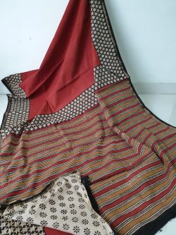 Maroon bagru strips print casual wear zari border saree with blouse