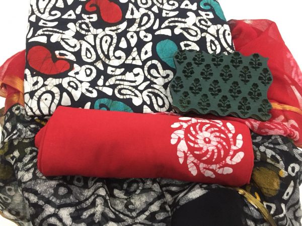 Red party wear batik print zari border cotton suit set