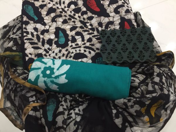 Teal party wear batik print zari border cotton suit set