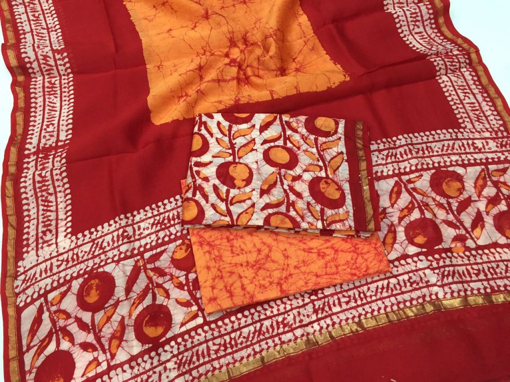 Maroon oragne batik floral print casual wear chanderi salwar kameez set