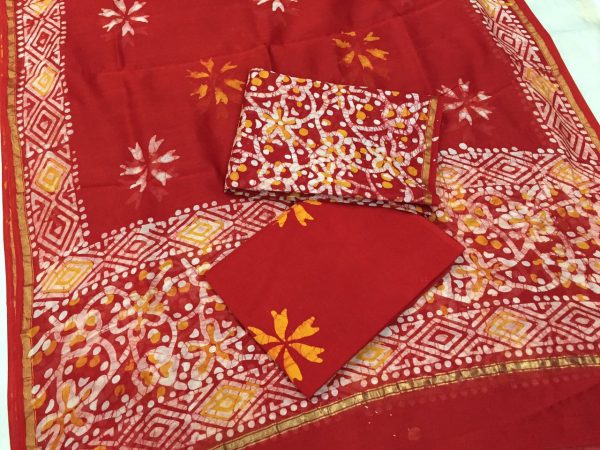 Crimson batik floral print casual wear chanderi salwar kameez set