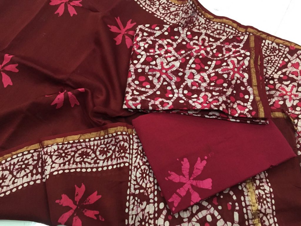 Maroon floral batik print casual wear chanderi salwar kameez set