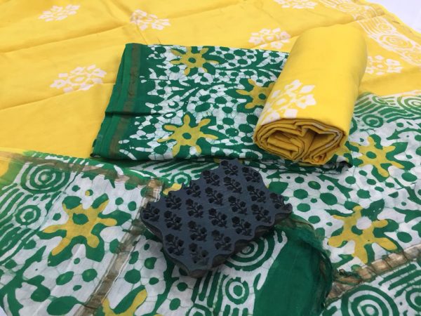 Lemon floral batik print casual wear chanderi salwar kameez set