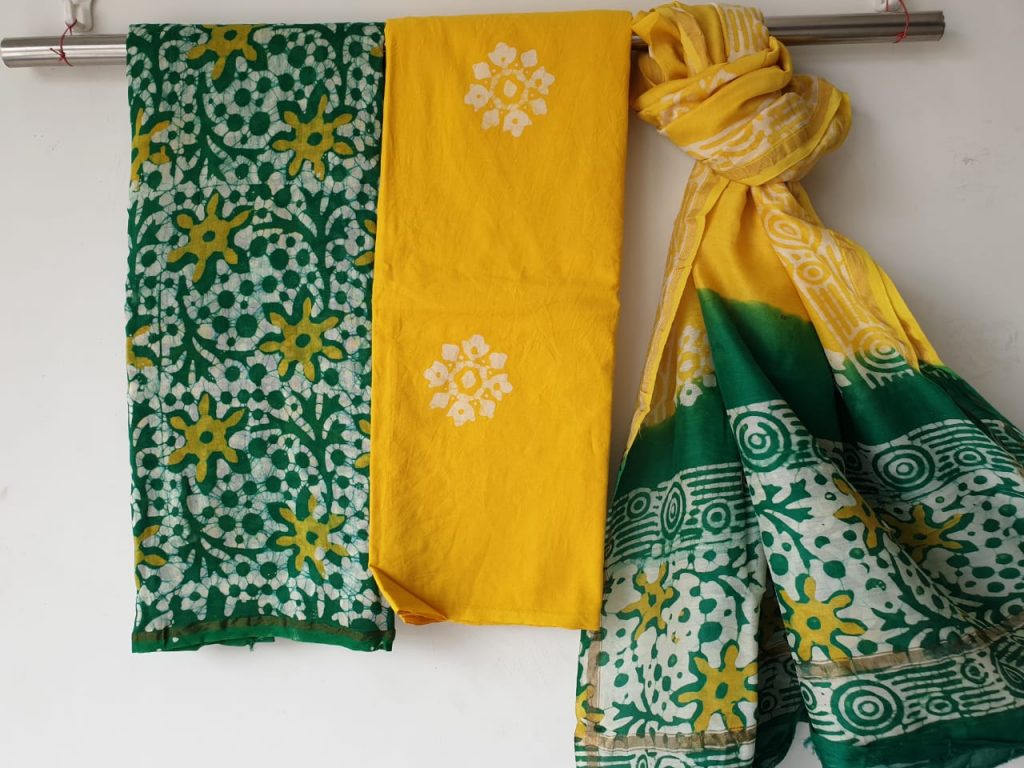Lemon batik floral print casual wear chanderi salwar kameez set