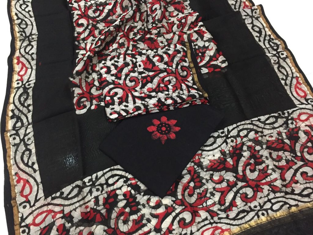 Black batik floral print casual wear chanderi salwar kameez set