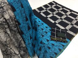 Black batik print regular wear zari border cotton mulmul saree with blouse