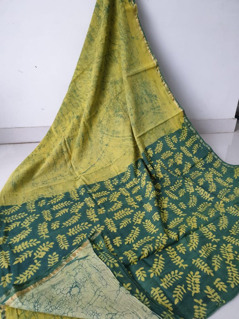 Yellow batik Square print regular wear zari border cotton mulmul saree with blouse