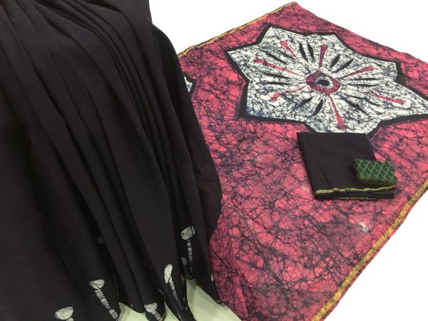 Black batik print regular wear zari border cotton saree with blouse