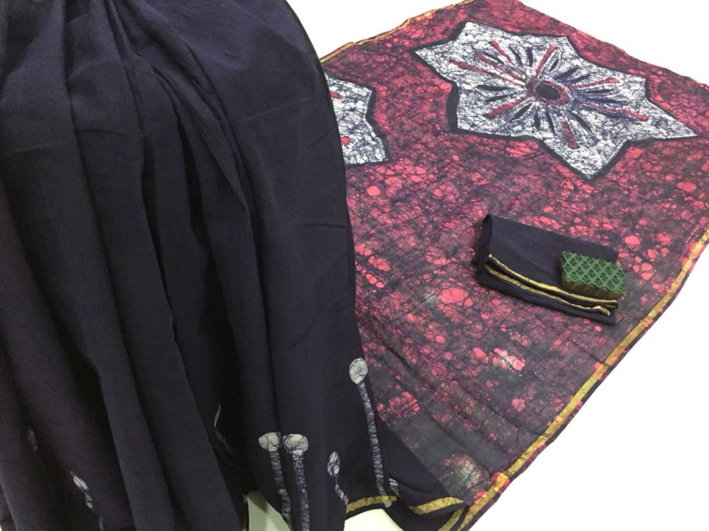 Navy blue batik print regular wear zari border cotton mulmul saree with blouse