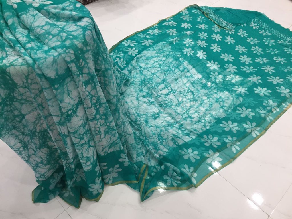 Teal batik floral print casual wear chiffon saree with blouse piece