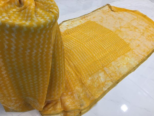Yellow batik print casual wear chiffon saree with blouse piece