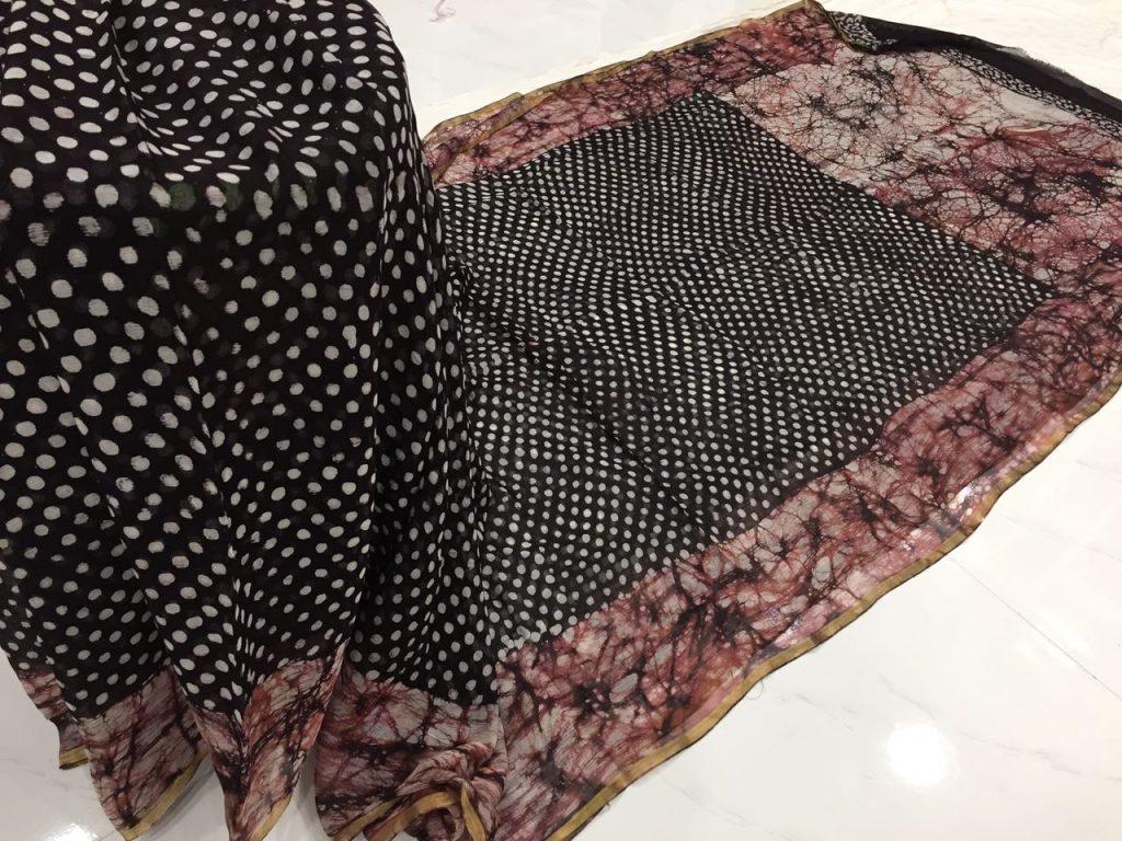 Black batik dots print casual wear chiffon saree with blouse piece