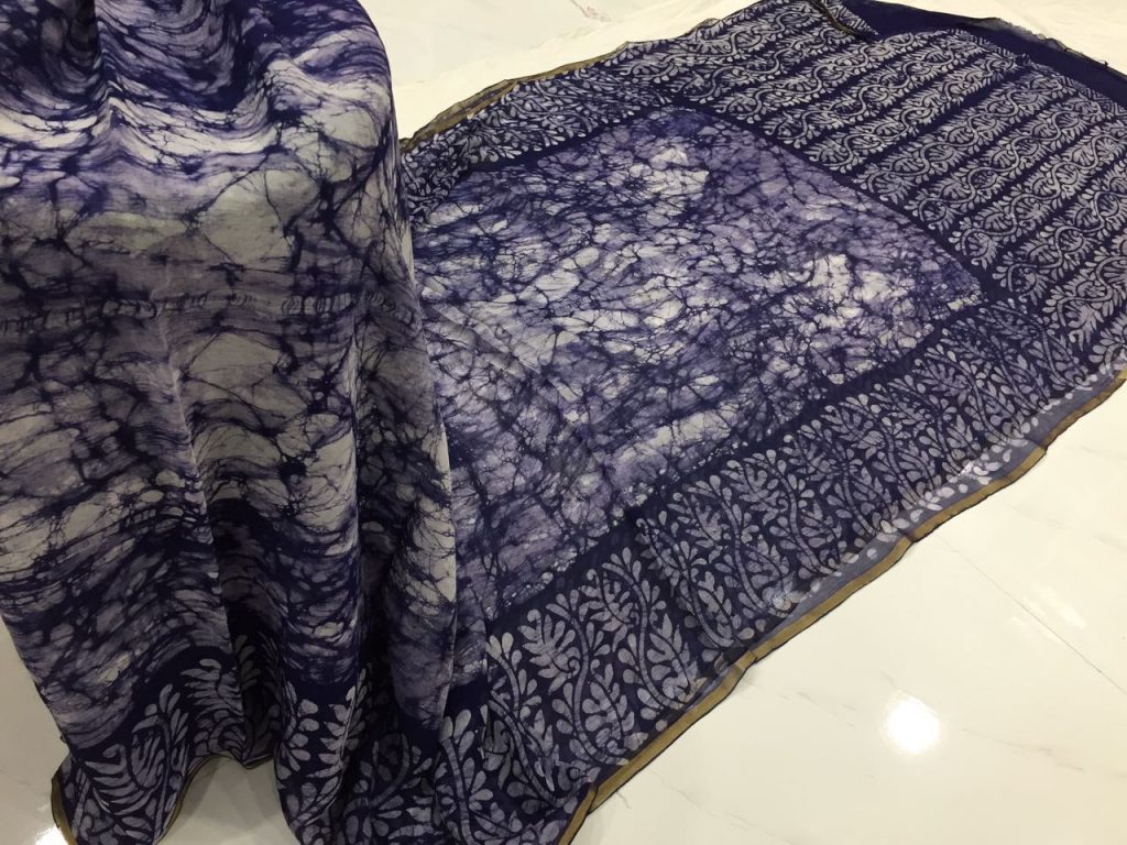 Indigo batik print casual wear chiffon saree with blouse piece