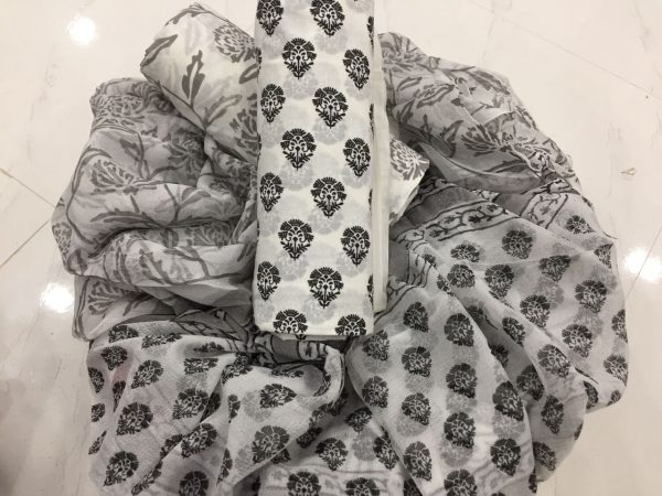 Traditional white pigment print cotton salwar suit with chiffon dupatta
