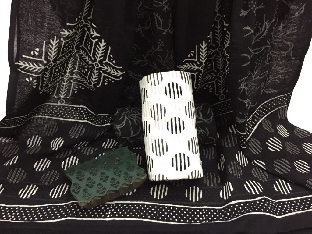 Black and white bagru print casual wear cotton dupatta suit set