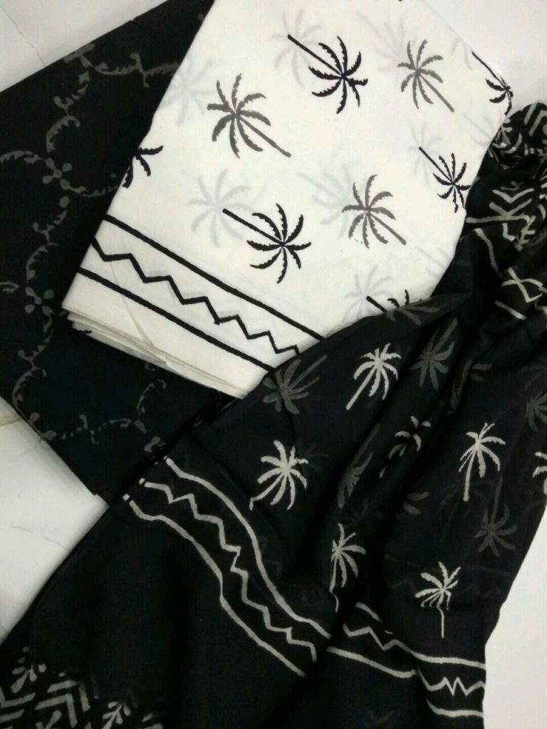 Black and white bagru tree print casual wear cotton dupatta suit