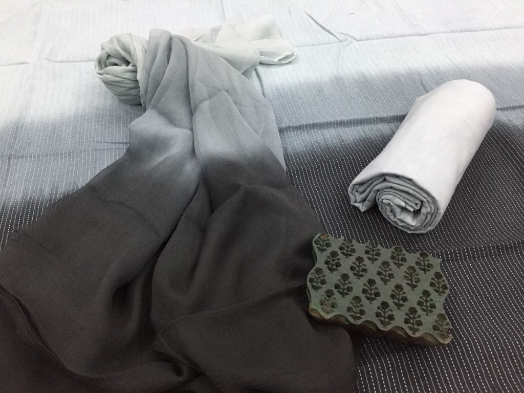 Black and white plain shaded kantha suit set with pure chiffon dupatta
