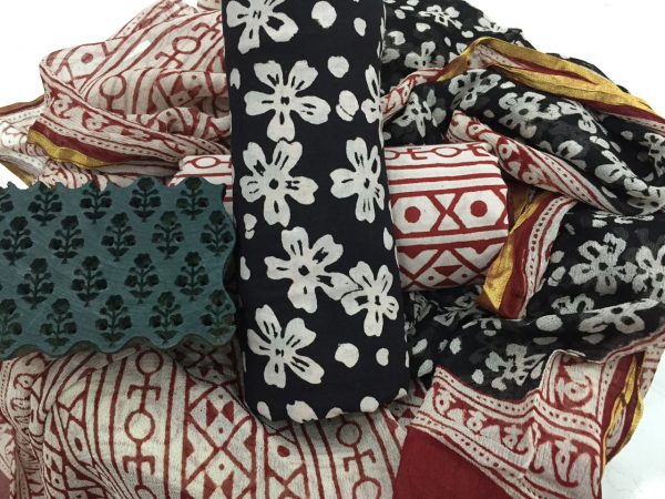 Black and white regular wear bagru floral print zari border cotton suit set