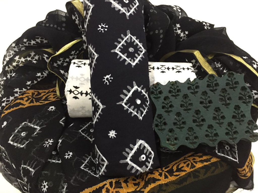 Natural black and white regular wear bagru print zari border cotton suit set