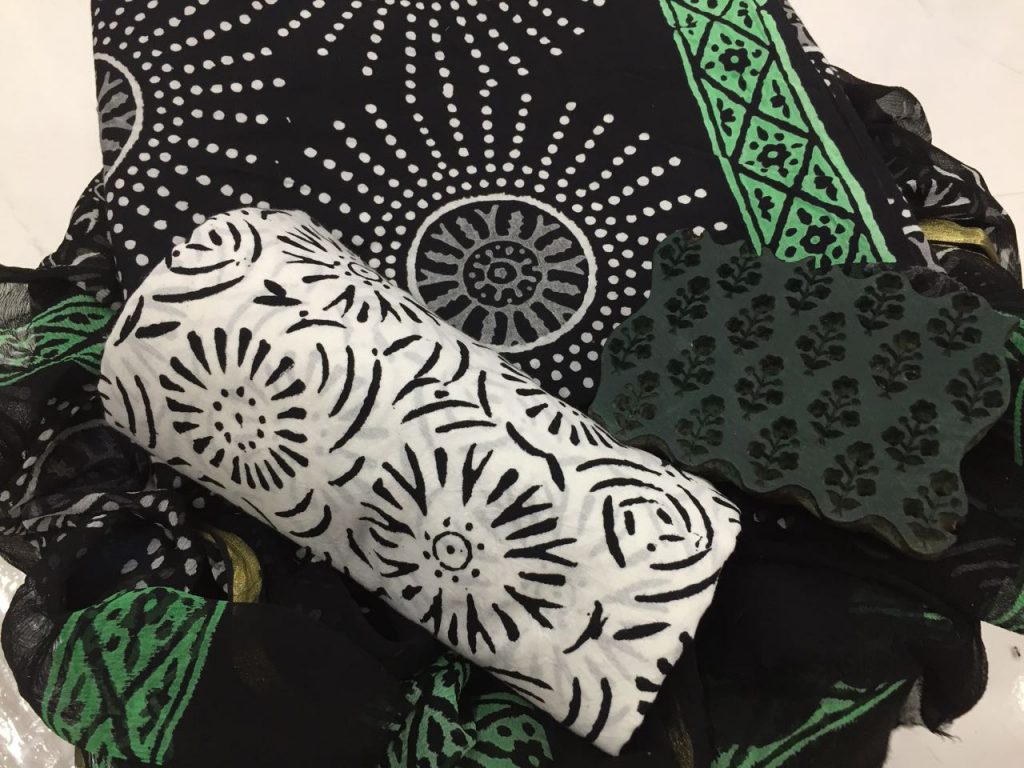 Black and white regular wear bagru print zari border cotton suit set