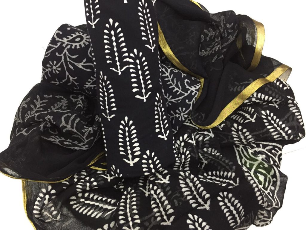 Black and white regular wear bagru leaf print zari border cotton suit