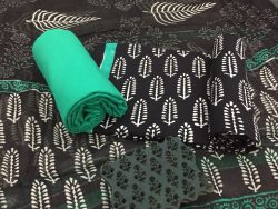 Black and white cyan bagru print cotton suit set with chiffon chunni