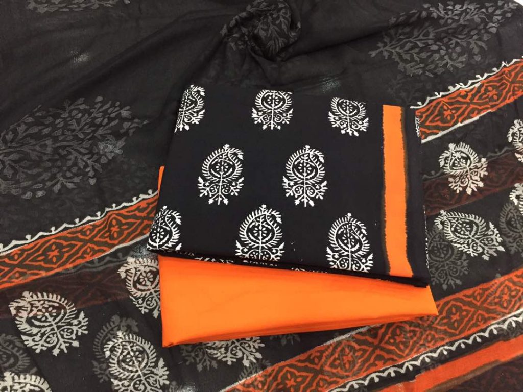Black and white orange bagru print cotton salwar suit with chiffon chunni