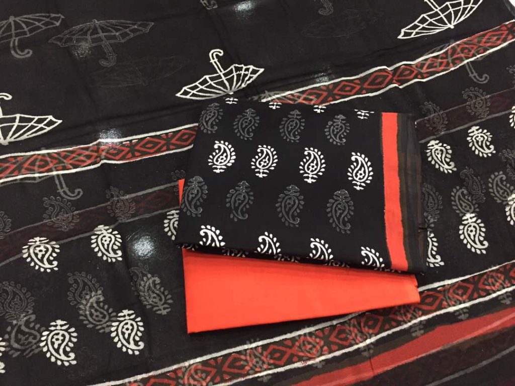 Black and white bagru umbrella print cotton salwar suit set with chiffon chunni