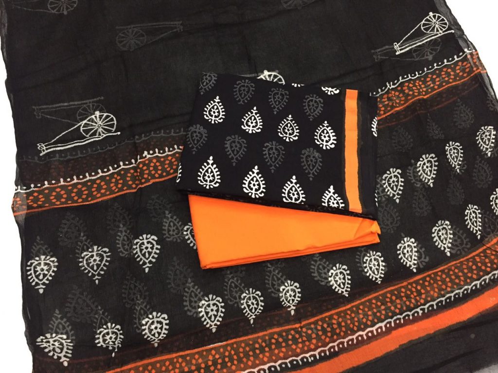 Black and white orange bagru print cotton salwar kameez with chiffon chunni
