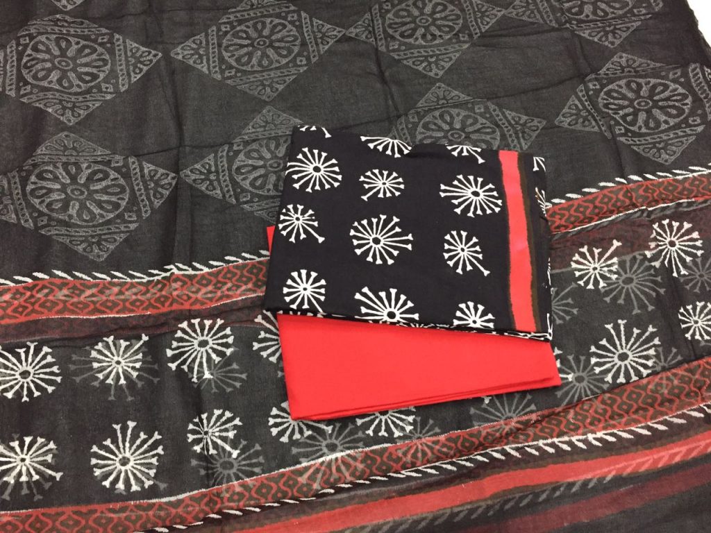 Black and white red bagru print cotton salwar kameez set with chiffon chunni