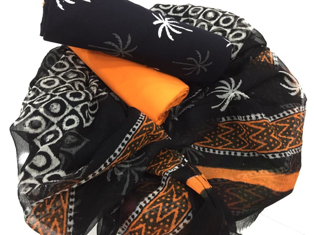 Black and white orange bagru print cotton salwar suit set with chiffon dupatta