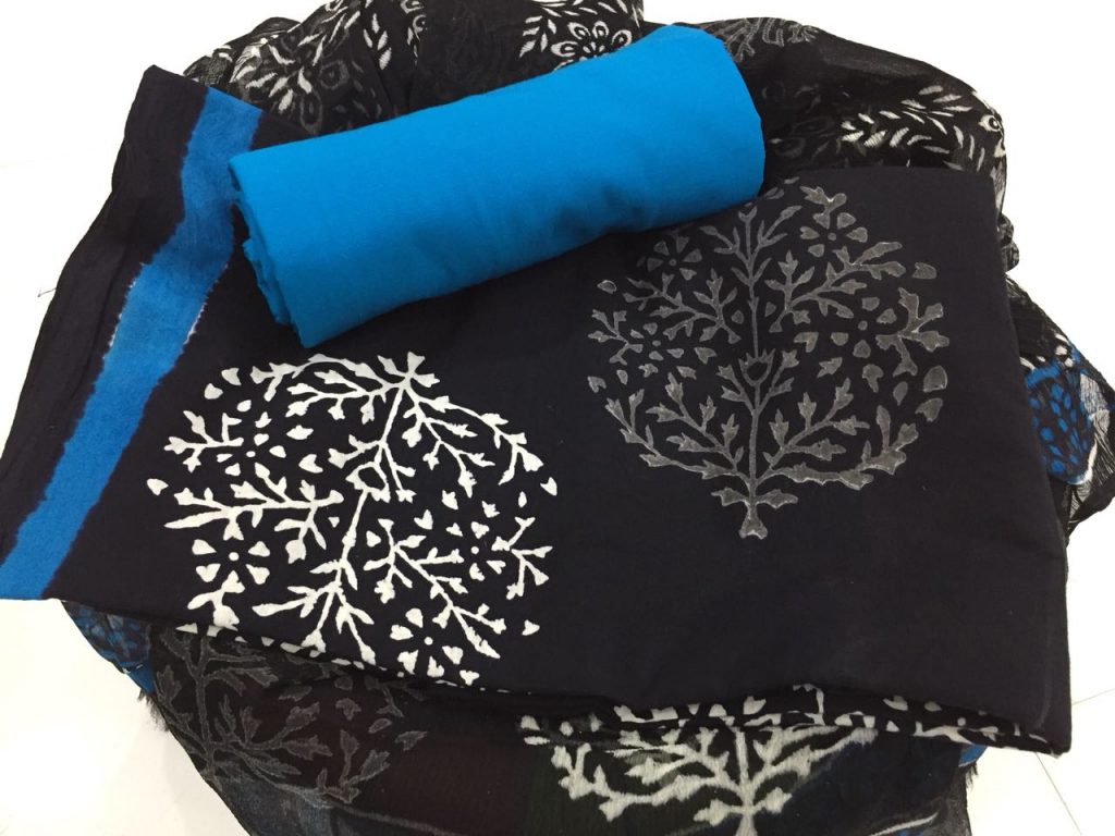 Black and white azure bagru tree print cotton suit set with chiffon dupatta