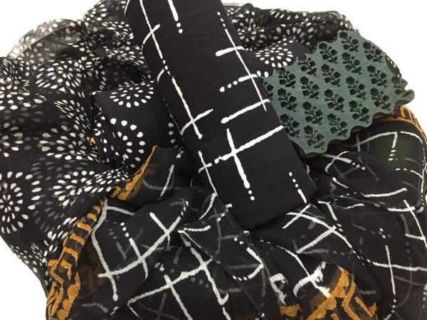 Exclusive black and white bagru print cotton suit set with chiffon dupatta