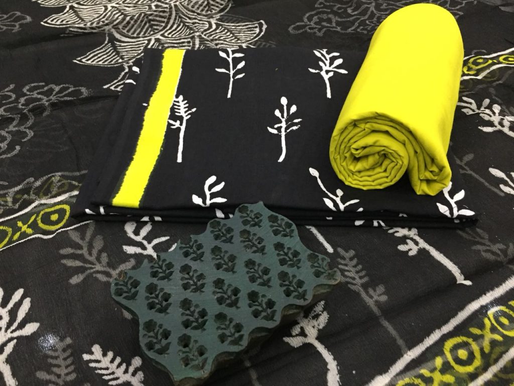 Traditional black and white lemon bagru print cotton suit with chiffon dupatta