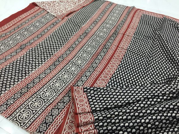 Natural black and white regular wear dots bagru print cotton sarees with blouse