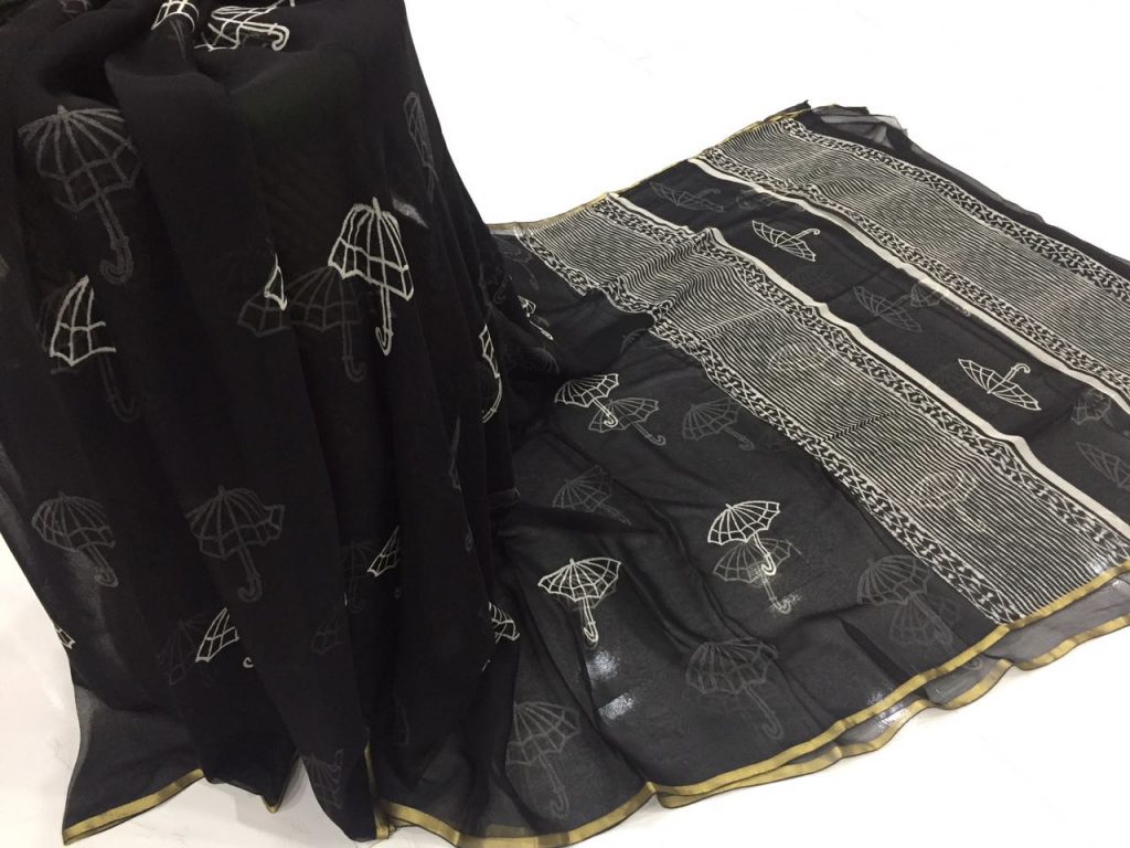 Black umberlla print casual wear chiffon saree with blouse piece
