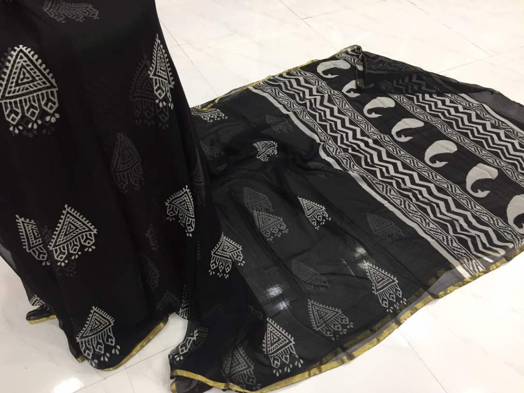 Black and white print casual wear chiffon saree with blouse piece