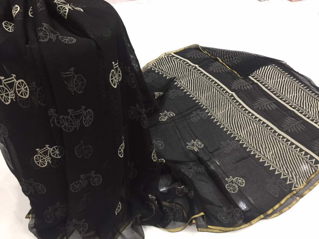 Black cycle print casual wear chiffon saree with blouse piece