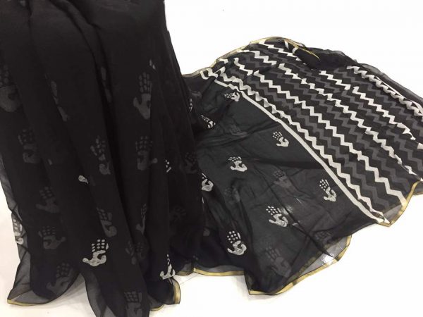 Black hand print casual wear chiffon saree with blouse piece