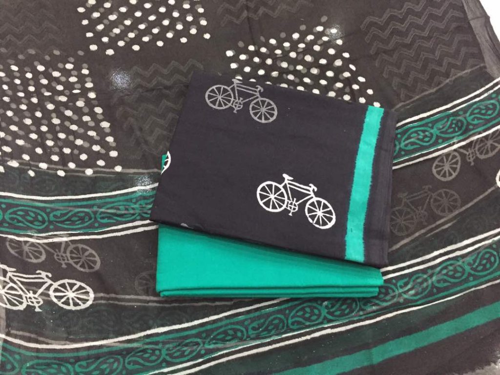 Black and white bagru cycle print cotton salwar kameez set with chiffon chunni
