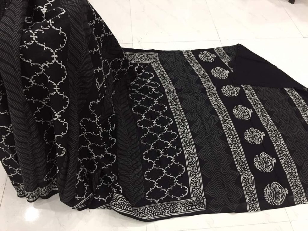 Ladies black and white casual wear jaipuri bagru print cotton sarees with blouse