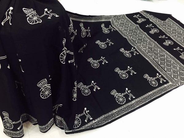Jaipuri black and white casual wear baggi bagru print cotton sarees with blouse piece