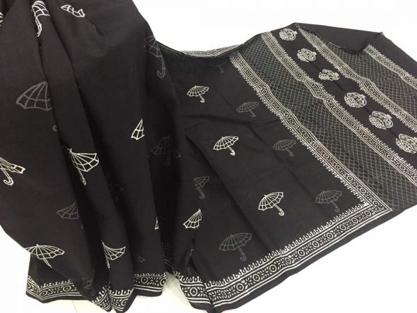 Jaipuri black and white casual wear umbrella bagru print cotton sarees with blouse piece