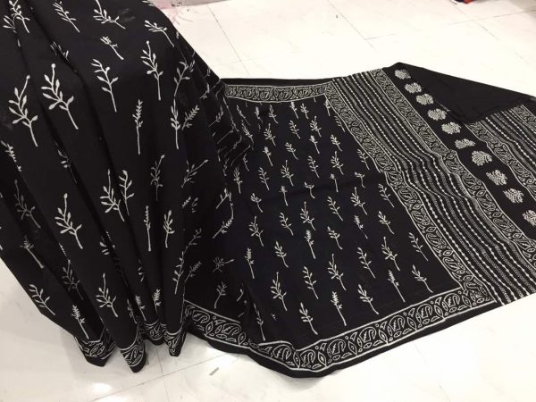 Jaipuri black and white casual wear leaf bagru print cotton sarees with blouse piece